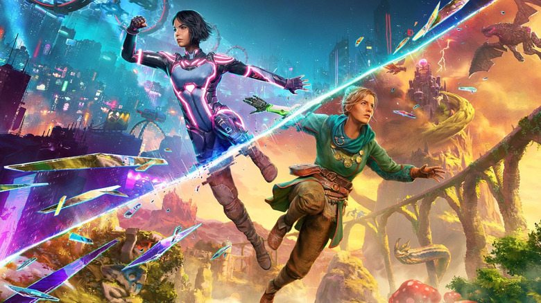 Mio dives into a cyberpunk world while Zoe jumps in a fantasy realm on the cover art for Split Fiction