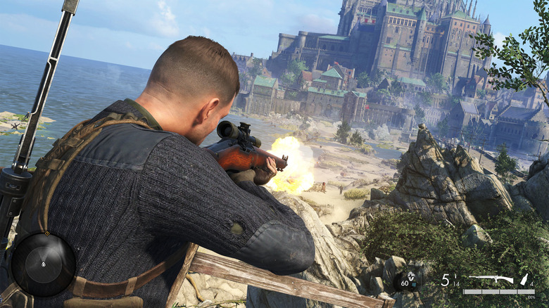 Sniper Elite 5 guy over the shoulder sniping