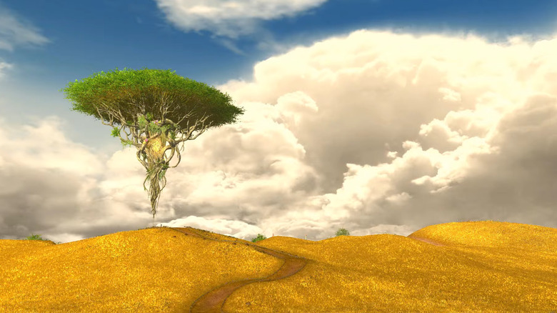 Magical tree floating over field