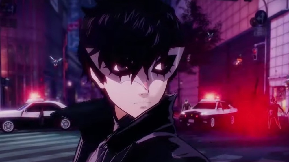 Joker wearing a white domino mask