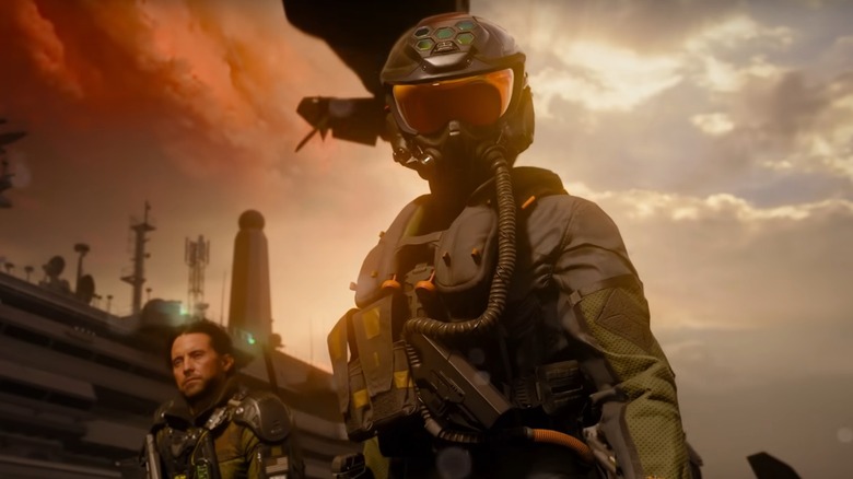 Helmted pilot with plane flying behind them in Black Ops 7