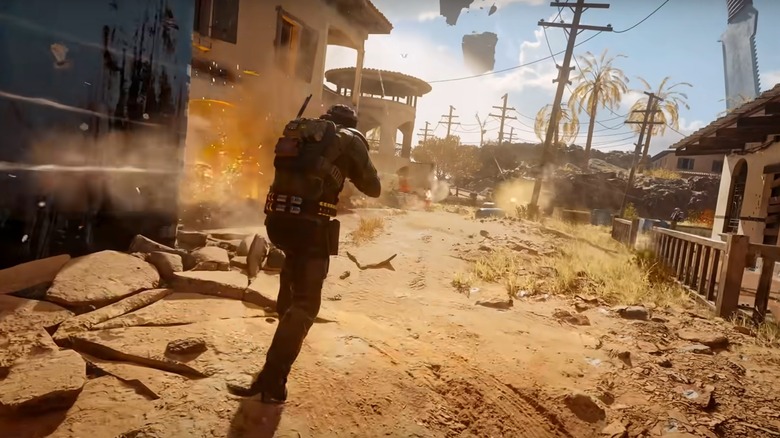 Soldier running down dirt street in Black Ops 7