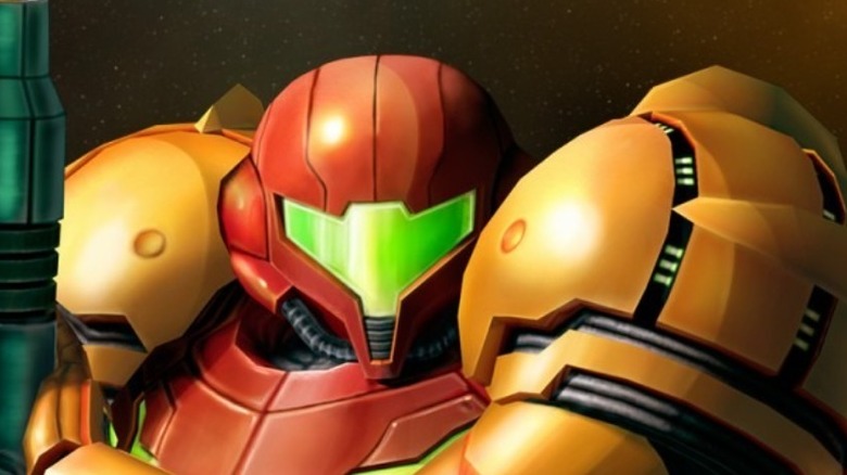 Samus Aran pointing arm cannon up