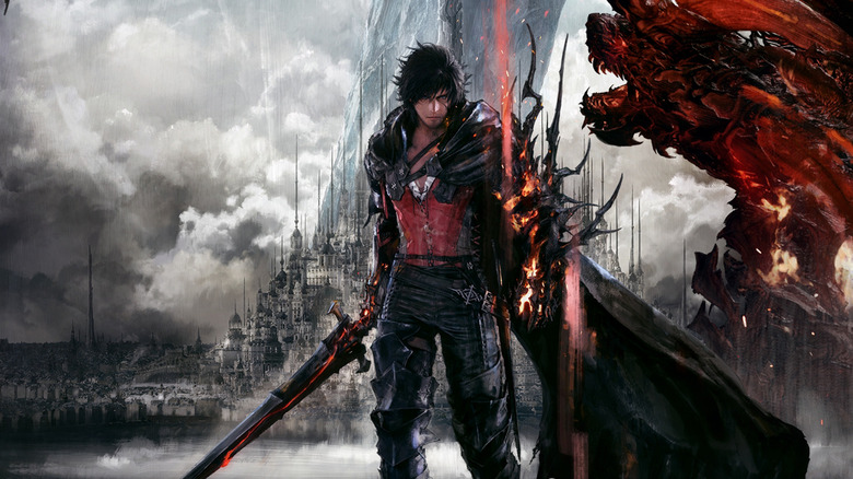 Final Fantasy 16 character holding sword in front of city 