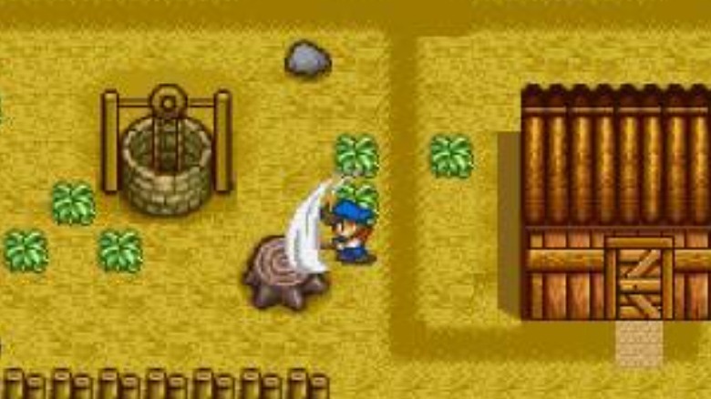 Harvest Moon breaking stump with axe