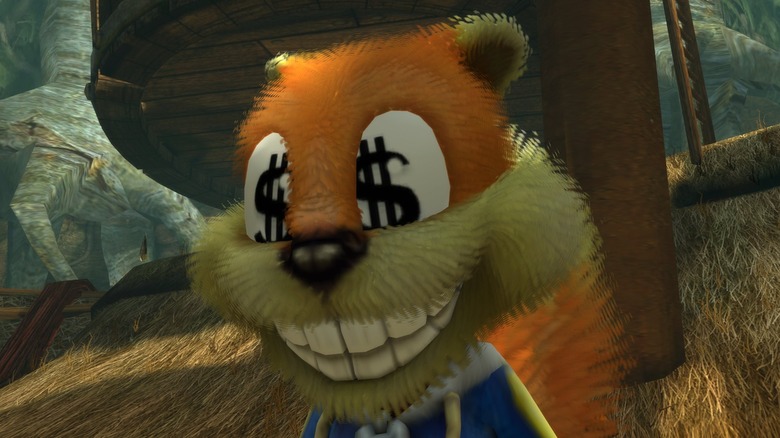 Remastered Conker smiling with dollar signs in eyes