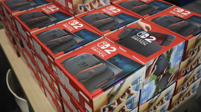 A stack of Switch 2s sitting on a tabletop