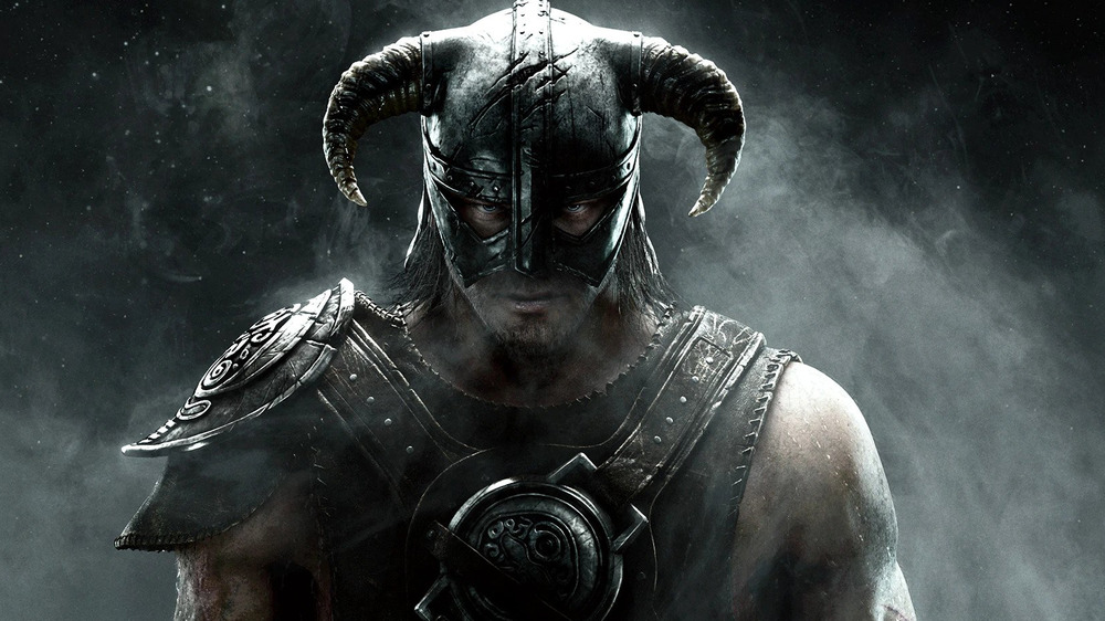 Skyrim character wearing horned armor