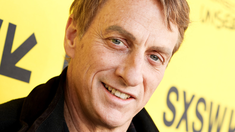 Closeup of skateboarding legend Tony Hawk