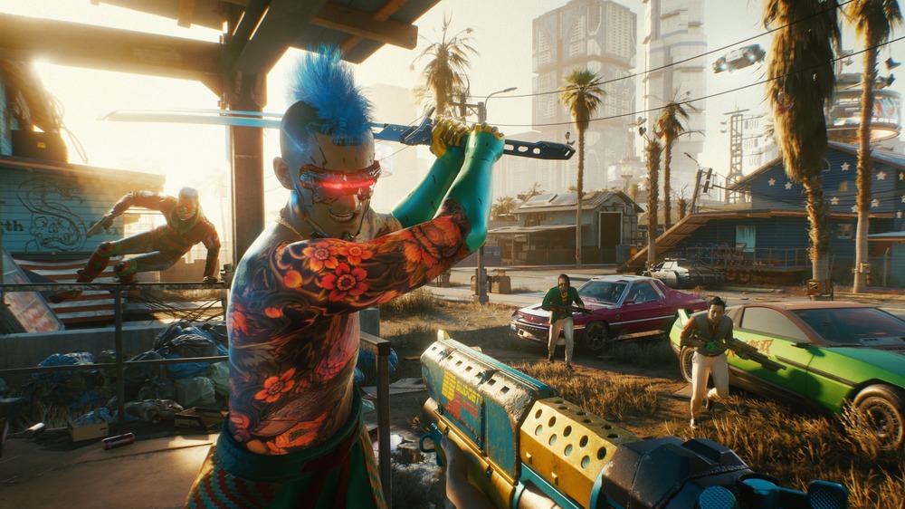 Official Cyberpunk 2077 screenshot featuring enemies.