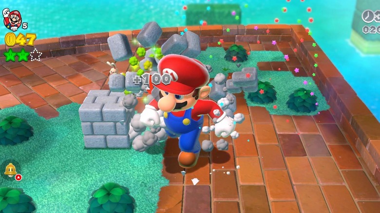 Mega Mario crashing through blocks