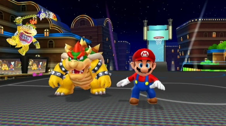 Mario and Bowser standing on a basketball court