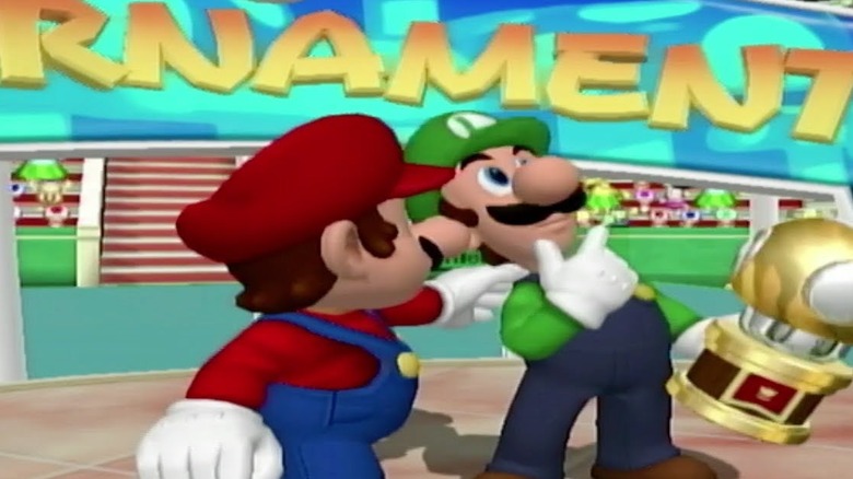 Mario and Luigi as Luigi wins on the court in "Mario Power Tennis"