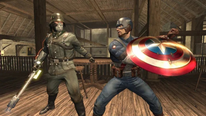 Captain America swings his shield at a Hydra soldier holding a flamethrower in Captain America: Super Soldier