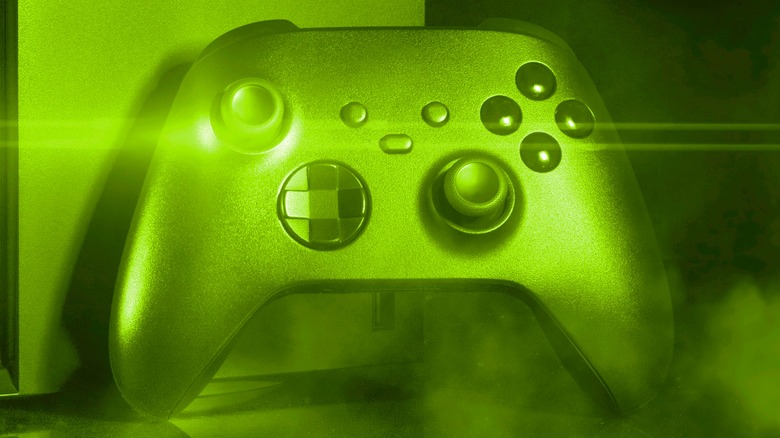 Shiny green Xbox controller in fog